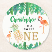 トロピカルサマービーチルアウ（ハワイ式宴会）ボーイズ1st誕生日 ラウンドペーパーコースター (正面)