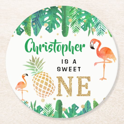 トロピカルサマービーチルアウ（ハワイ式宴会）ボーイズ1st誕生日 ラウンドペーパーコースター (正面)