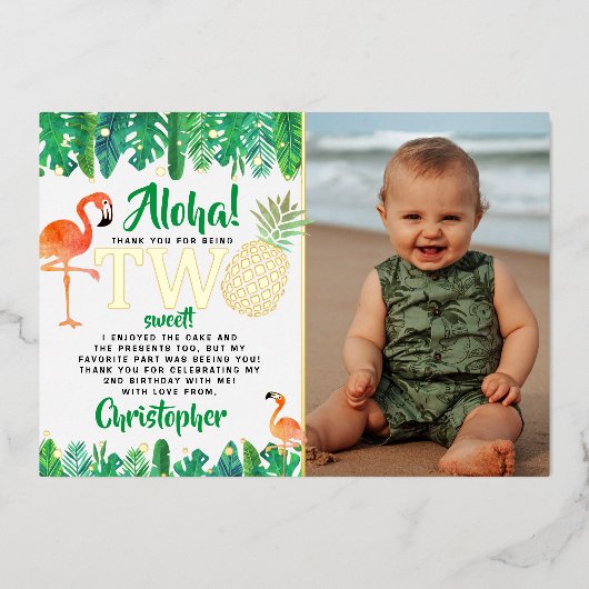 トロピカルサマービーチルアウ（ハワイ式宴会）ボーイズ2ndバースデーフォト 箔招待状 (正面)