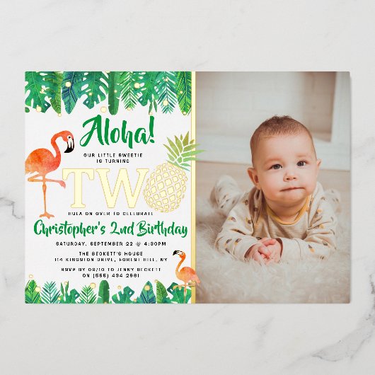トロピカルサマービーチルアウ（ハワイ式宴会）ボーイズ2ndバースデーフォト 箔招待状 (正面)
