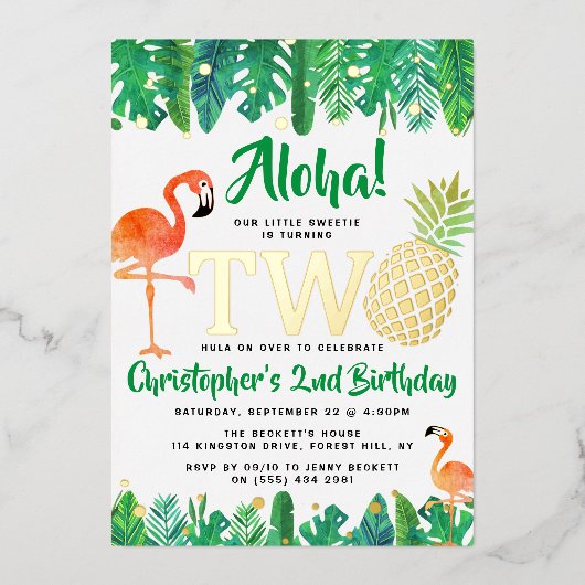 トロピカルサマービーチルアウ（ハワイ式宴会）ボーイズ2ndバースデー実在 箔招待状 (正面)