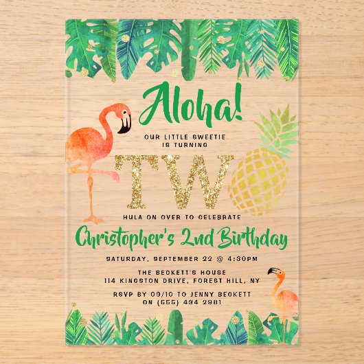 トロピカルサマービーチルアウ（ハワイ式宴会）ボーイズ2nd誕生日 アクリル招待状 (正面)