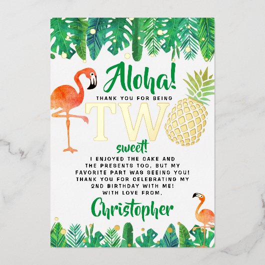 トロピカルサマービーチルアウ(ハワイ式宴会)ボーイズ2nd誕生日 箔招待状 (正面)