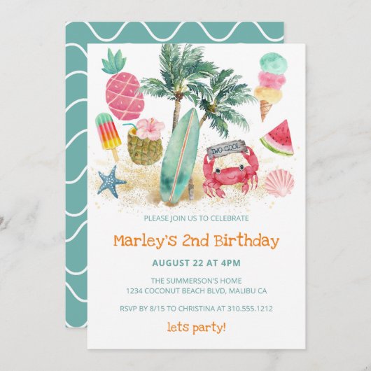 トロピカルサマービーチ2nd誕生日パーティー 招待状 (正面/裏面)