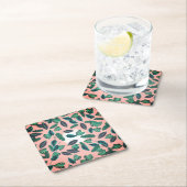 トロピカルサマーピンクグリーン葉サンセットパターン スクエアペーパーコースター (インサイチュ)