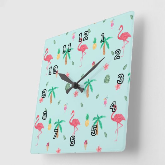 トロピカルサマーフラミンゴブルーベッドルームコレクション スクエア壁時計 (傾斜)