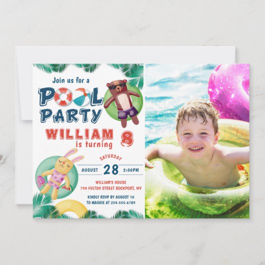 トロピカルサマープールパーティー誕生日写真 招待状 (正面)