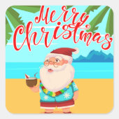 トロピカルサマーメリークリスマスビーチサンタクロース スクエアシール (正面)