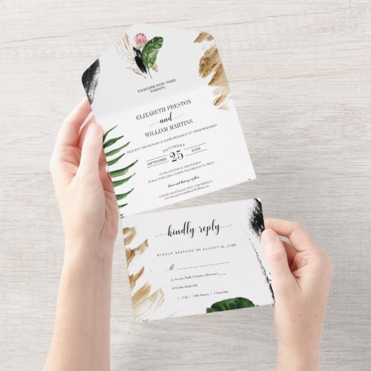 トロピカルサマー離れグリー結婚ズRSVP付き オールインワン招待状 (貼ってはがせる)