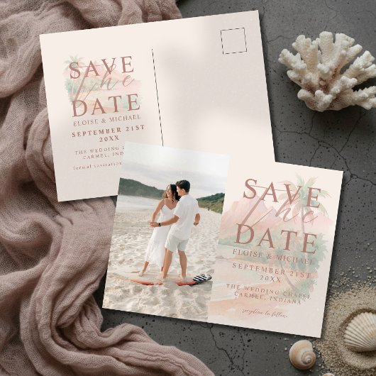 トロピカルサンセットアイランドの水彩写真の結婚式 案内ポストカード