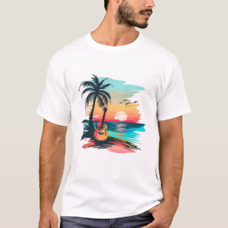 トロピカルサンセットギター ビーチアート | サマーミュージック Tシャツ
