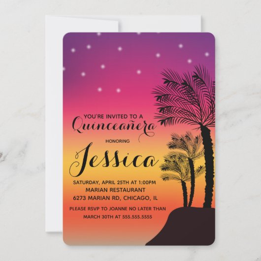 トロピカルサンセットパームツリーのキンセアニェーラ スウィート15 招待状 (正面)