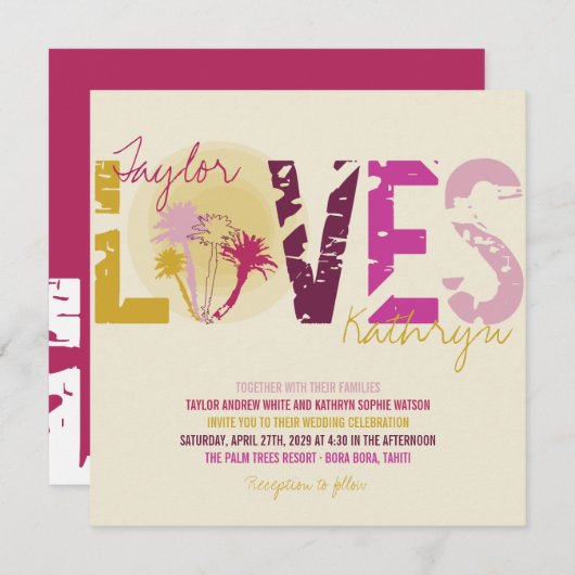 トロピカルサンセットパームツリーズビーチサマー結婚ズ 招待状 (正面/裏面)