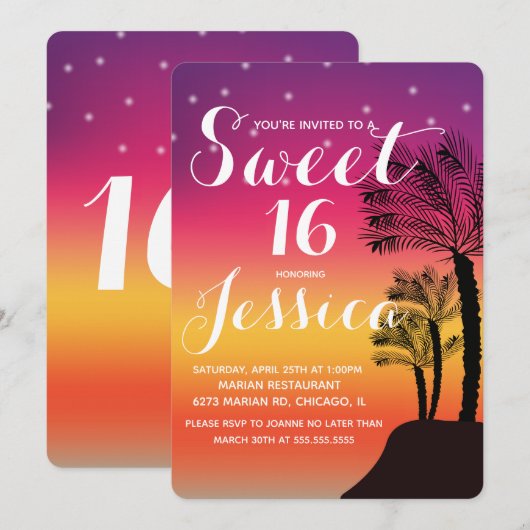 トロピカルサンセットパームツリートロピカルスウィート16 招待状 (正面/裏面)