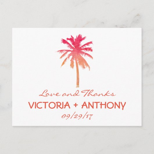 トロピカルサンセットパームツリービーチ結婚式サンキューサンキュー ポストカード (正面)
