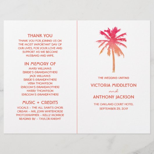 トロピカルサンセットパームツリービーチ結婚式プログラム (正面)