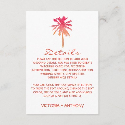 トロピカルサンセットパームツリービーチ結婚式詳細 エンクロージャーカード (正面)