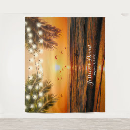 トロピカルサンセットパームビーチウェディングバックドロップ タペストリー