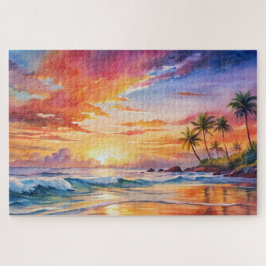 トロピカルサンセットビーチウォーターカラー、パーム、海 ジグソーパズル