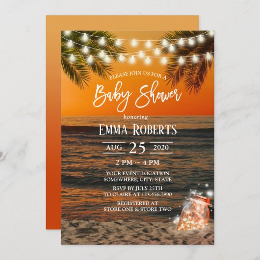 トロピカルサンセットビーチグローメイソンジャーブベイビーシャワー 招待状 (正面/裏面)