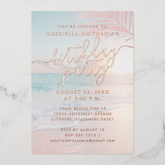 トロピカルサンセットビーチバースデーパーティーバラ金ゴールド 箔招待状 (正面)