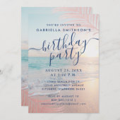 トロピカルサンセットビーチピンクバースデーパーティー 招待状 (正面/裏面)