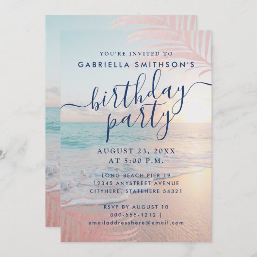 トロピカルサンセットビーチピンクバースデーパーティー 招待状 (正面/裏面)