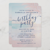 トロピカルサンセットビーチピンク誕生日きらめく紙 招待状 (正面/裏面)