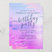 トロピカルサンセットビーチブライトピンクフィルター誕生日 招待状 (正面/裏面)