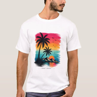 トロピカルサンセットビーチヤシの木グラフィックTシャツ Tシャツ