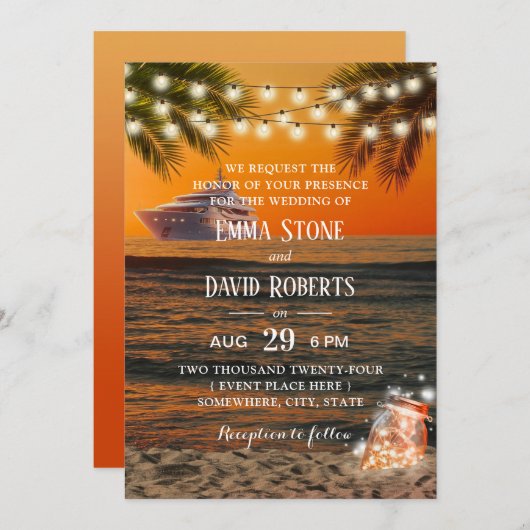 トロピカルサンセットビーチヨット結婚ズグローメイソンジャー 招待状 (正面/裏面)