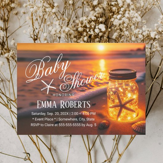 トロピカルサンセットビーチ白熱［赤熱］光を放つジャーブベビーシャワー 招待状