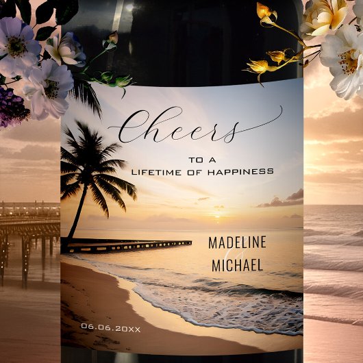 トロピカルサンセットビーチ目的地の結婚式 ワインラベル