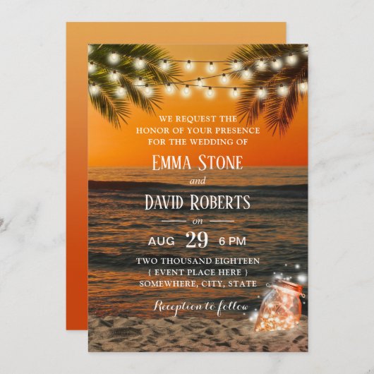 トロピカルサンセットビーチ結婚式グローメイソンジャー 招待状 (正面/裏面)