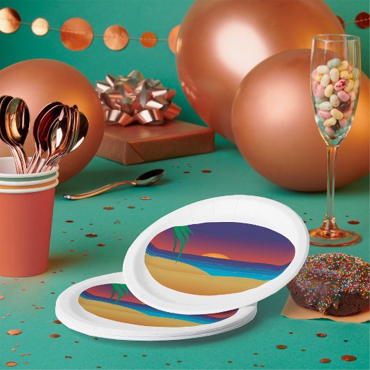 トロピカルサンセットビーチ離れパーム海波 ペーパープレート