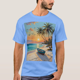 トロピカルサンセットボートビーチビーズティー Tシャツ