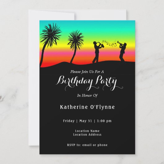 トロピカルサンセットミュージシャンシルエット誕生日 招待状 (正面)