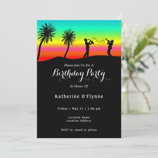 トロピカルサンセットミュージシャンシルエット誕生日 招待状 (スタンド正面)