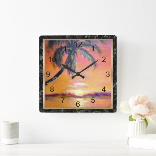 トロピカルサンセット素晴らし、ア絵画ート スクエア壁時計 (ホーム)