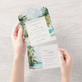 トロピカルサンドビーチウォーターカラーパーム結婚ツリー オールインワン招待状 (貼ってはがせる)