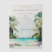 トロピカルサンドビーチウォーターカラーパーム結婚ツリー ベラム紙招待状 (正面)