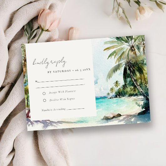 トロピカルサンドビーチウォーターカラーパーム結婚ツリー 出欠カード