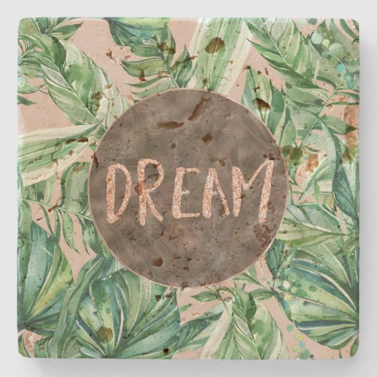 トロピカルサンドピーチグリーン葉グリッタードリーム ストーンコースター (正面)
