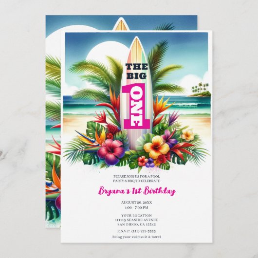 トロピカルサーフボードザ・ビッグONE誕生日パーティー 招待状 (正面/裏面)