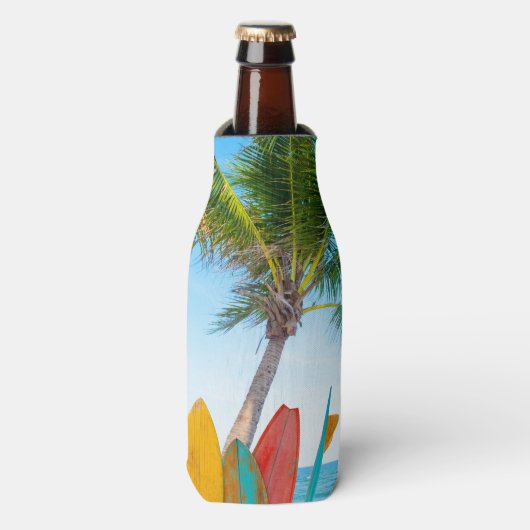 トロピカルサーフボードビーチパーソナライズされた名 ボトルクーラー (ボトル正面)