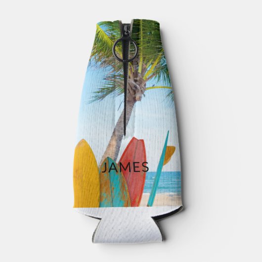 トロピカルサーフボードビーチパーソナライズされた名 ボトルクーラー (裏面)
