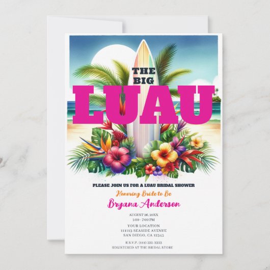 トロピカルサーフボードプールパーティールアウ(ハワイ式宴会)ブライダルシャワー 招待状 (正面)