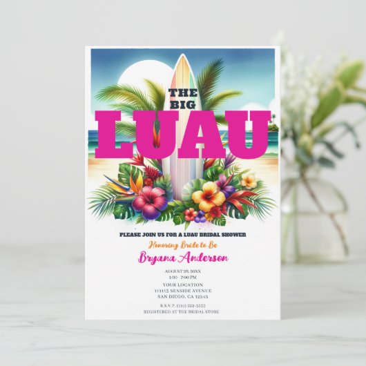 トロピカルサーフボードプールパーティールアウ(ハワイ式宴会)ブライダルシャワー 招待状 (スタンド正面)