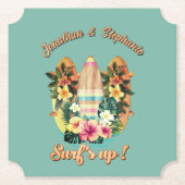 トロピカルサーフボード ハワイアンフラワー ティール モノグラム ペーパーコースター (正面)