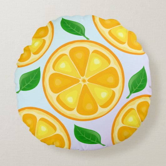 トロピカルシトラスサマーフルーツオレンジレモンのスライス ラウンドクッション (正面)